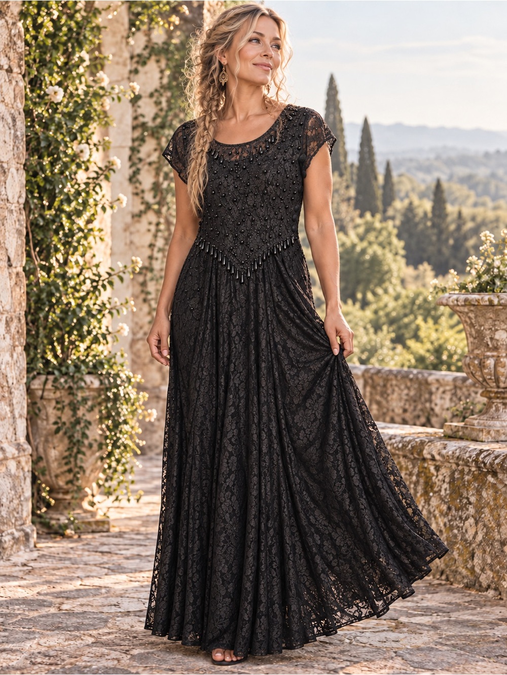 Vintage 90s Jasmine by K.V.M. Black Beaded Lace Maxi Dress L Goth